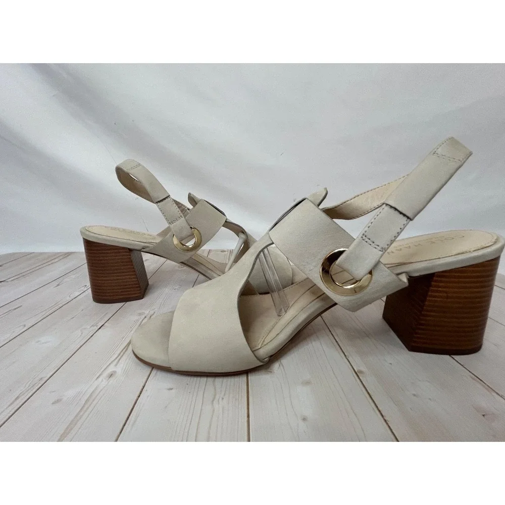 Cole Haan Sandal Heels Bone Leather Open Toe Slingback Grand Series Womens US 8M
